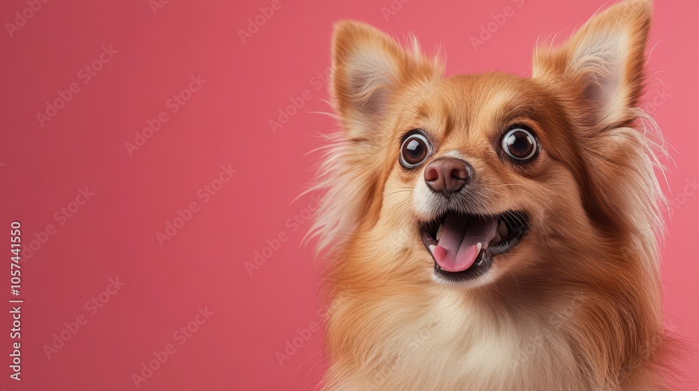Fluffy dog with a cute surprised face, squinted eyes and wideopen mouth, on a pastel pink background, playful and lively Fluffy dog with a cute surprised face, squinted eyes and wideopen mouth, on a pastel pink background, playful and lively