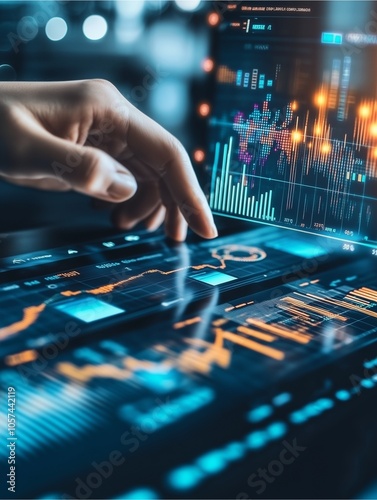 Data-Driven Decisions: A hand interacts with a futuristic, interactive display showcasing complex data visualizations, highlighting the power of analytics and insights in the digital age. 