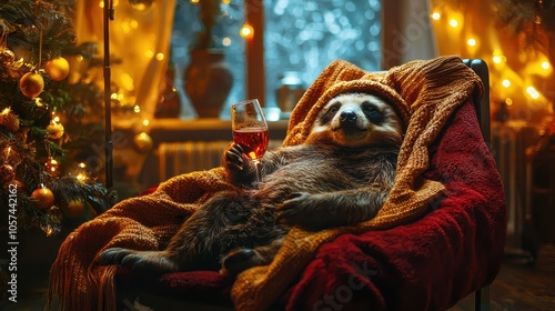 Sloth with wine in a chair. Selective focus photo