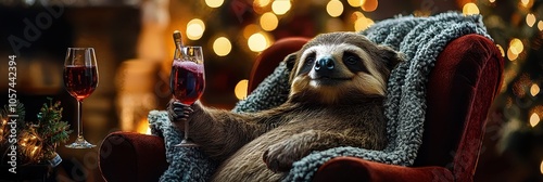 Sloth with wine in a chair. Selective focus photo