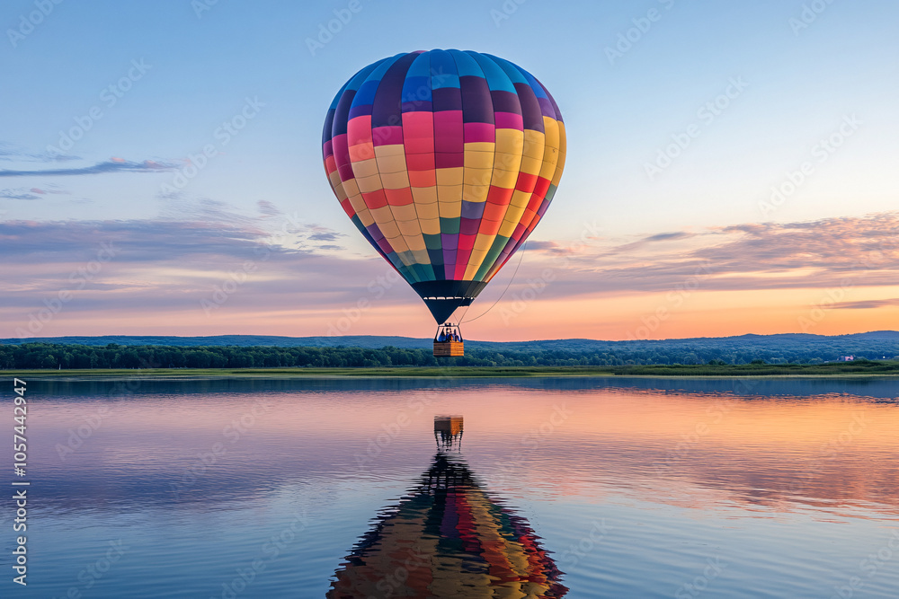 Fototapeta premium Hot Air balloons flying tour over Mountains landscape spring sunrise, Hot air balloon over the field