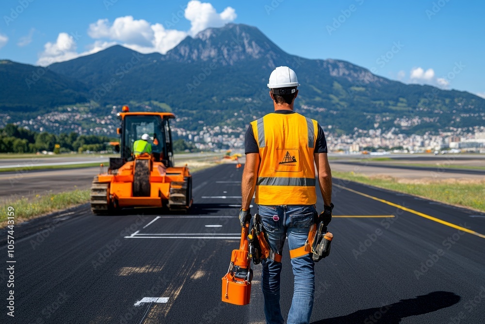 A modern airport runway under construction with heavy machinery, surveyors, and engineers marking areas, highlighting the planning and precision in civil engineering projects, symbolizing planning A modern airport runway under construction with heavy machinery, surveyors, and engineers marking areas, highlighting the planning and precision in civil engineering projects, symbolizing planning