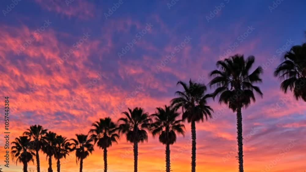 Palm trees silhouetted against a dramatic sunset sky. Palm trees silhouetted against a dramatic sunset sky.