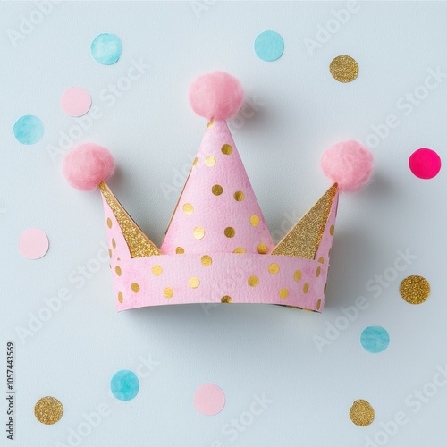 Pink party crown with pom poms on a pastel background, ideal for celebrations.