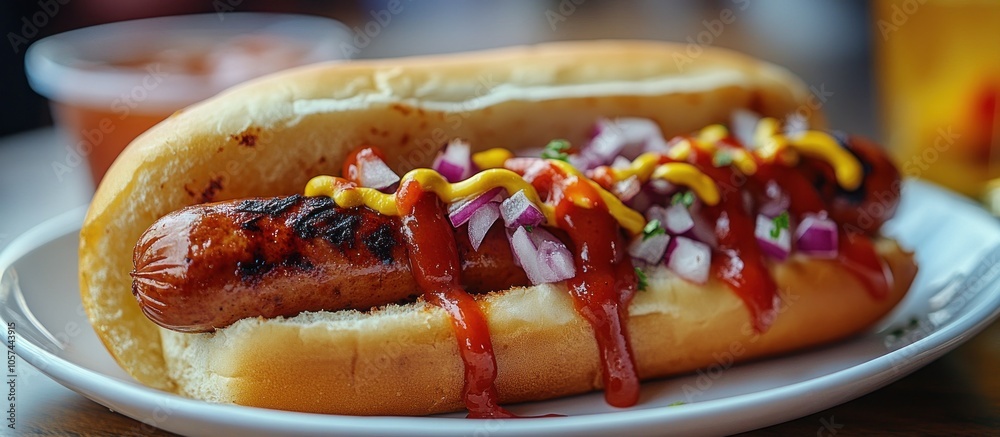 A delicious hot dog topped with onions, mustard, and ketchup, served on a plate. A delicious hot dog topped with onions, mustard, and ketchup, served on a plate.