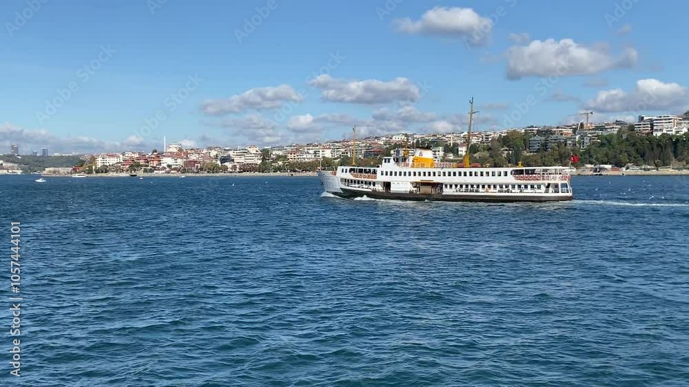 Istanbul Turkey, 24 October 2024: A scenic view of a traditional Turkish ferry cruising the Bosphorus with Istanbul's coastline in the background. Istanbul Turkey, 24 October 2024: A scenic view of a traditional Turkish ferry cruising the Bosphorus with Istanbul's coastline in the background.