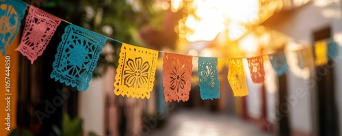 An intricate papel picado banner hung across a street during a Day of the Dead festival, adding color and life to the celebration photo