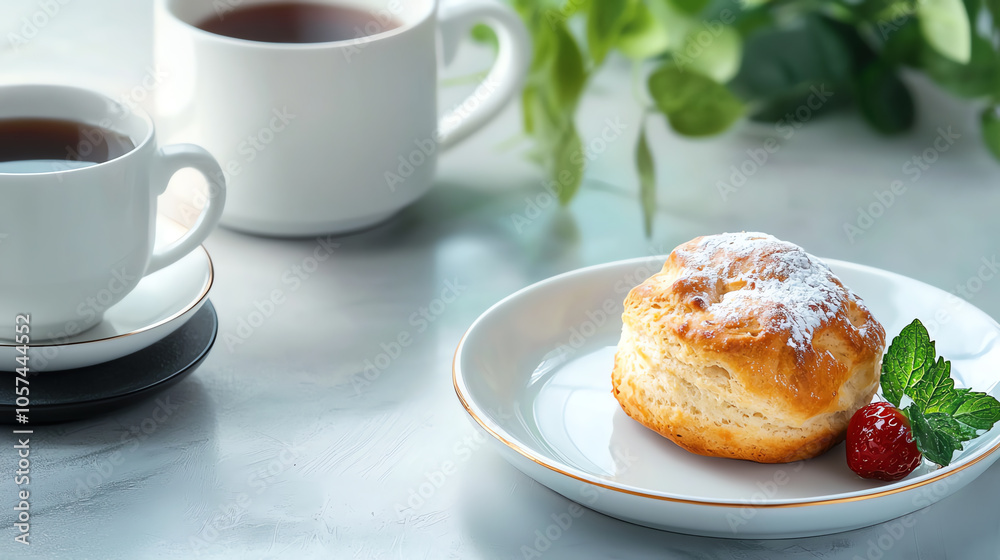Elegant afternoon tea with scone on fine china plate and fresh strawberry Elegant afternoon tea with scone on fine china plate and fresh strawberry