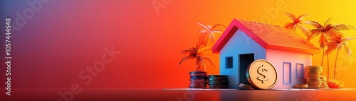 A vibrant graphic featuring a dollhouse, money coins, and palm trees against a colorful gradient background, symbolizing real estate and financial growth. photo