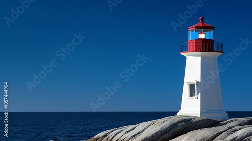 A serene lighthouse stands on rocky shores under a clear blue sky, guiding ships over calm waters.