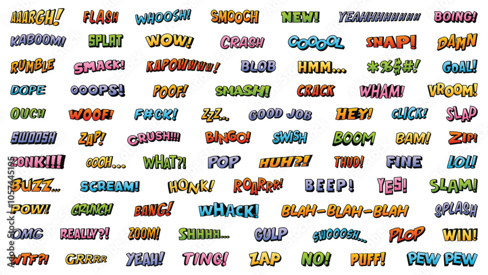 Big set of cartoon comic worlds include wow, pow, bang, boom, splash, smash, wtf, omg, wham, zap, yeah and others. Vector collection for comic speech bubbles.