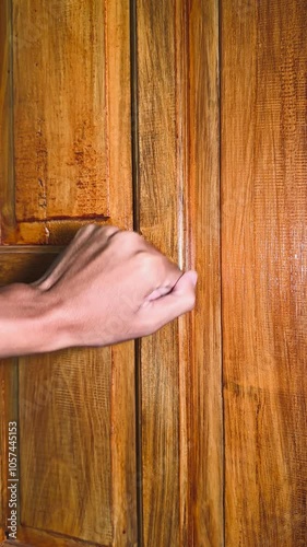 Close-up of a man knocking on the door of a house, with clenched fists knocking on the door slowly. House door made of wood.