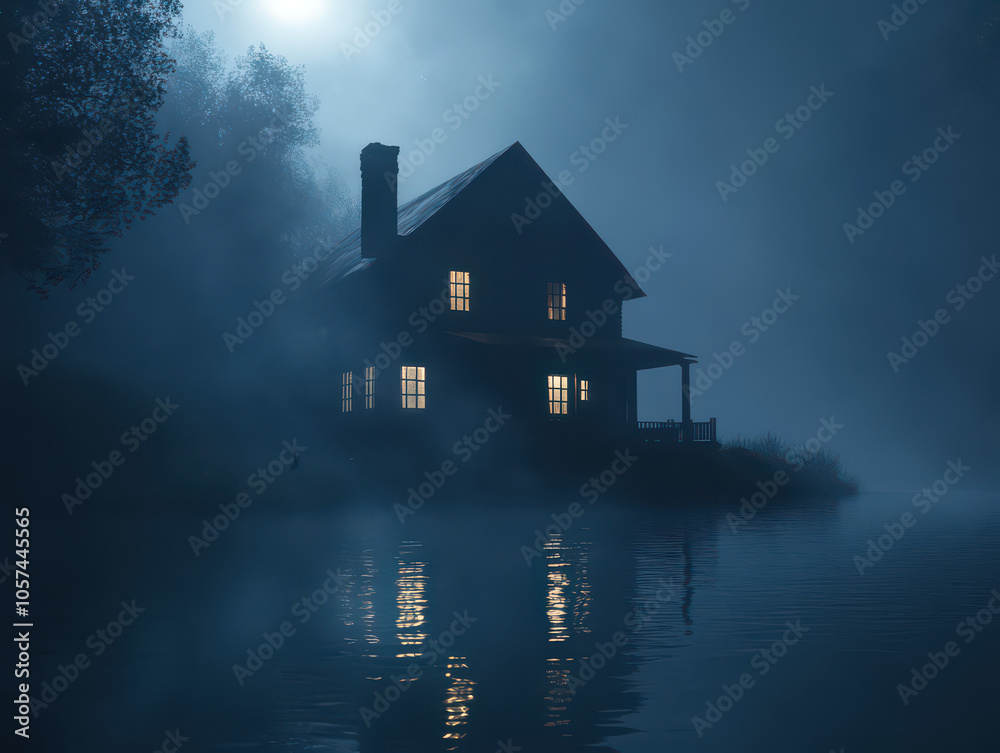 Eerie silhouette of a house by the misty lake under the full moon. Eerie silhouette of a house by the misty lake under the full moon.