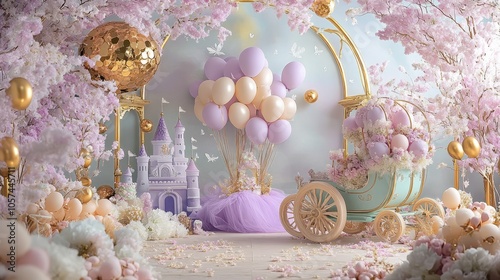 Wallpaper Mural Enchanting Pastel Blue Cartoon Castle Backdrop with Balloon Arch Garland for Cake Smash Aesthetic Torontodigital.ca