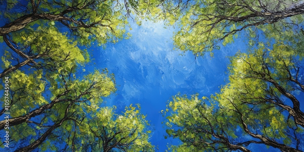 Vibrant green trees stretch beneath a bright blue sky. This embodies the essence of nature and the beauty it offers to our environment.