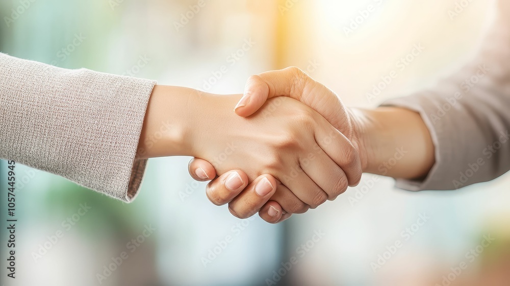 An Asian businesswoman shaking hands with a client after a successful negotiation, with a professional and friendly demeanor