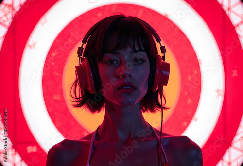 Girl with short hair and red headphones on red and white background photo