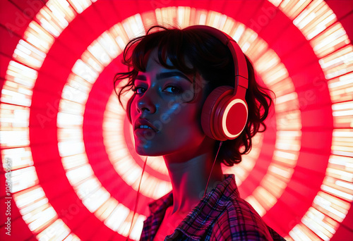 Girl with short hair and red headphones on red and white background photo