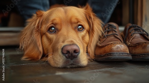 A golden retriever rests its head beside a pair of brown shoes at an entrance.