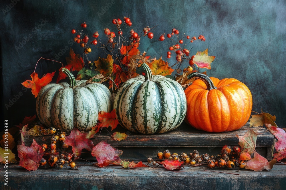 Decorative gourds in a country-themed table arrangement. Fashionable fall display for halloween and thanksgiving. Natural seasonal plants, warm illumination, and modern culinary treats