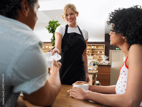 Couple and Waitress in Cafe photo