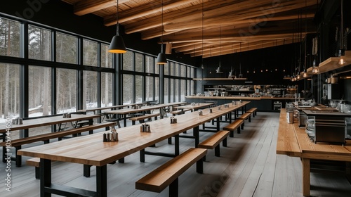 Modern cafeteria interior with wooden tables and benches, large windows showcasing a snowy forest view, and stylish pendant lighting hanging from a wooden ceiling.