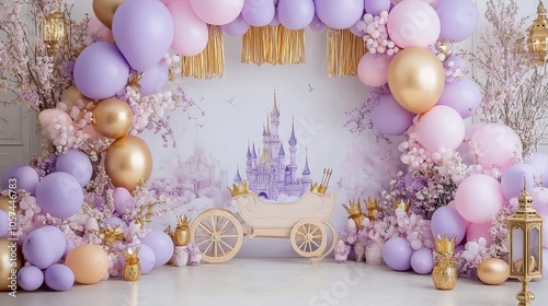 Wallpaper Mural Enchanting Cakesmash Celebration with Balloon Arch, Flowers, and Golden Carriage Prop Torontodigital.ca