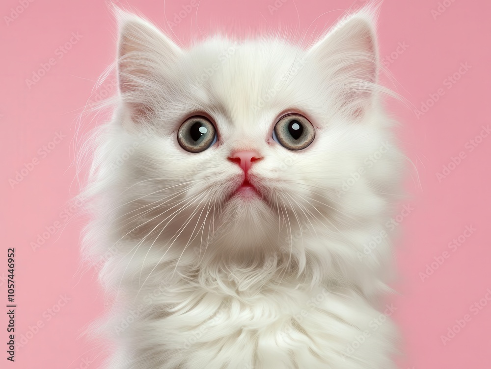 Fluffy white Persian kitten with big eyes on a pastel pink background, soft and adorable Fluffy white Persian kitten with big eyes on a pastel pink background, soft and adorable