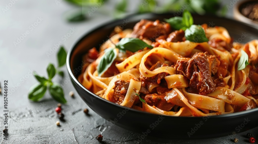 Beef Ragout Fettuccine in Black Bowl on Grey Background Beef Ragout Fettuccine in Black Bowl on Grey Background