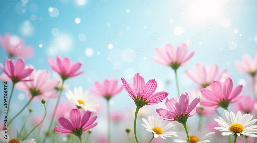Cinematic Cosmos Flowers on Breezy Spring Background. Cinematic Cosmos Flowers on Breezy Spring Background.