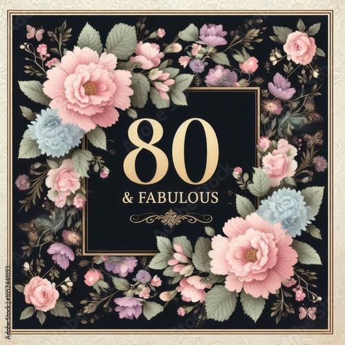 Elegant floral design celebrating 80 years of fabulousness with pastel colors. photo