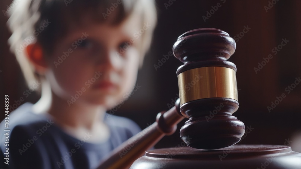 Close-up of a legal judge's gavel with a blurred child in the background, child custody generative ai