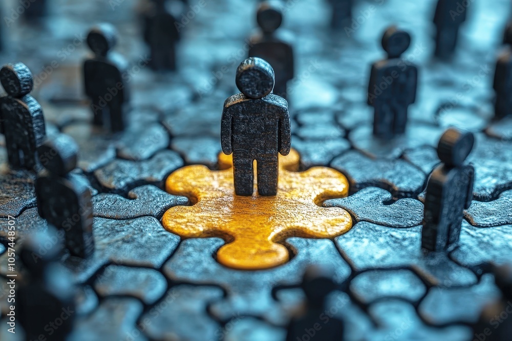 The Missing Piece: A conceptual image depicting a single figure standing on a golden jigsaw puzzle piece, surrounded by numerous dark figures, symbolizing leadership, individuality. The Missing Piece: A conceptual image depicting a single figure standing on a golden jigsaw puzzle piece, surrounded by numerous dark figures, symbolizing leadership, individuality.