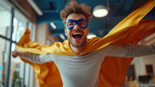 A man in a superhero costume is flying in an office with a big smile.