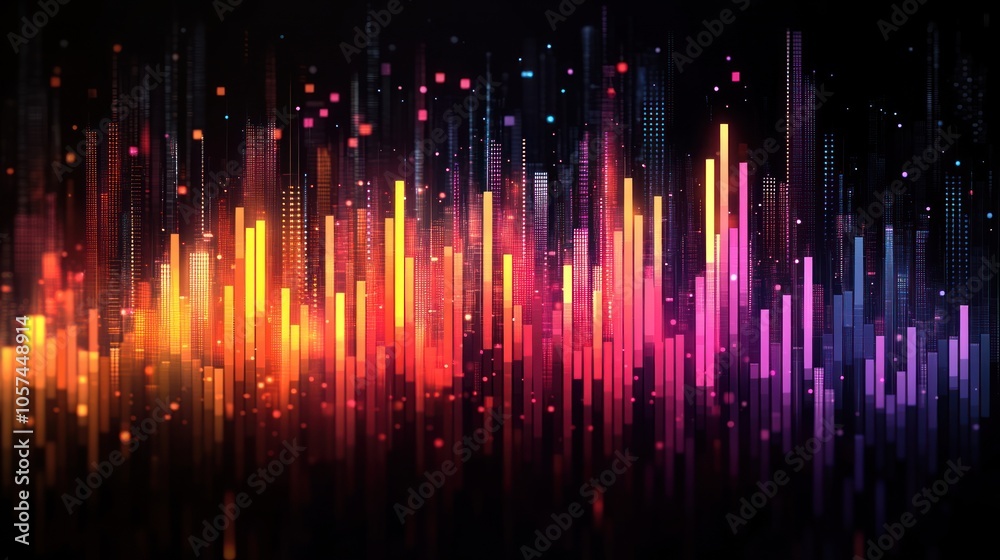 Abstract visualization of sound waves in vibrant colors, representing audio or music data. Abstract visualization of sound waves in vibrant colors, representing audio or music data.