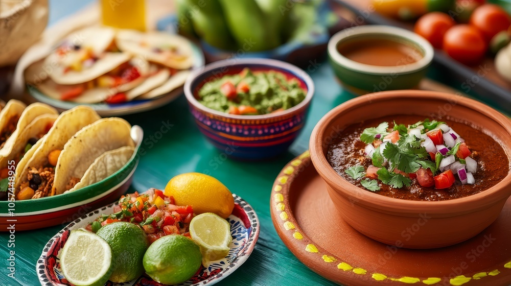 A beautifully set table for Day of the Dead, with mole, tacos, and colorful decorations, blending the essence of Mexican food and tradition A beautifully set table for Day of the Dead, with mole, tacos, and colorful decorations, blending the essence of Mexican food and tradition