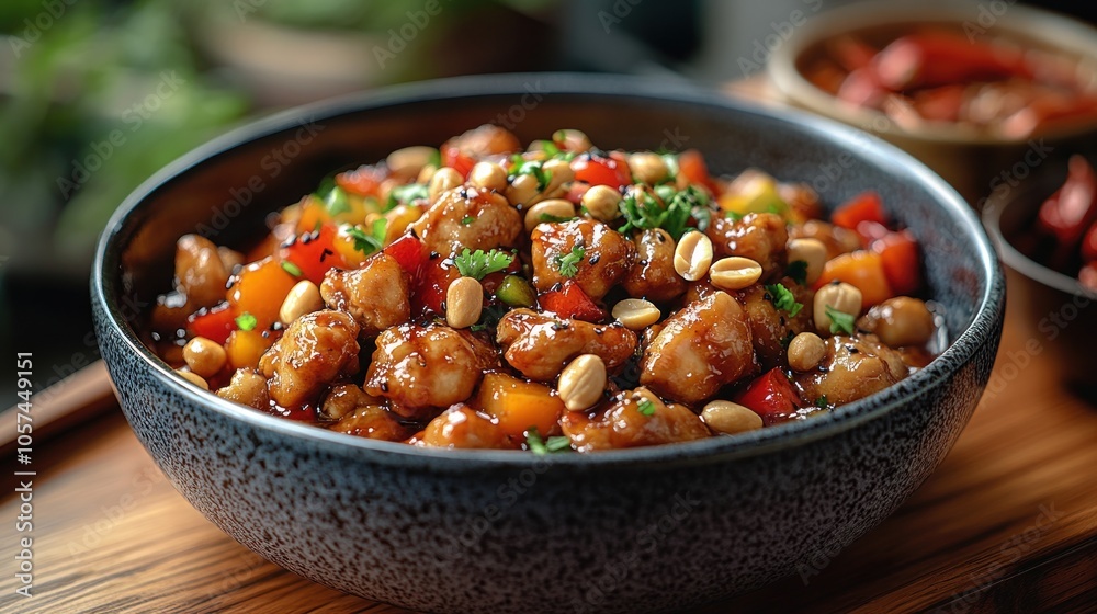 A vibrant bowl of stir-fried chicken with vegetables and peanuts, ready to be enjoyed. A vibrant bowl of stir-fried chicken with vegetables and peanuts, ready to be enjoyed.