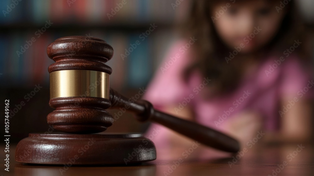 Close-up of a legal judge hammer with a blurred child in the background. generative ai Close-up of a legal judge hammer with a blurred child in the background. generative ai