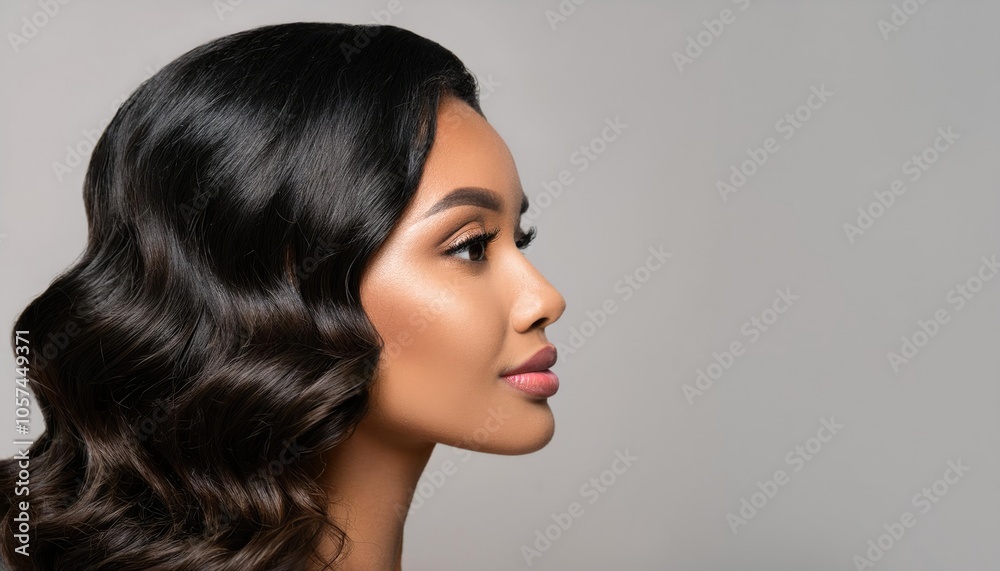 Beautiful woman in profile with long and shiny wavy hair . Beauty model girl with curly hairstyle Beautiful woman in profile with long and shiny wavy hair . Beauty model girl with curly hairstyle