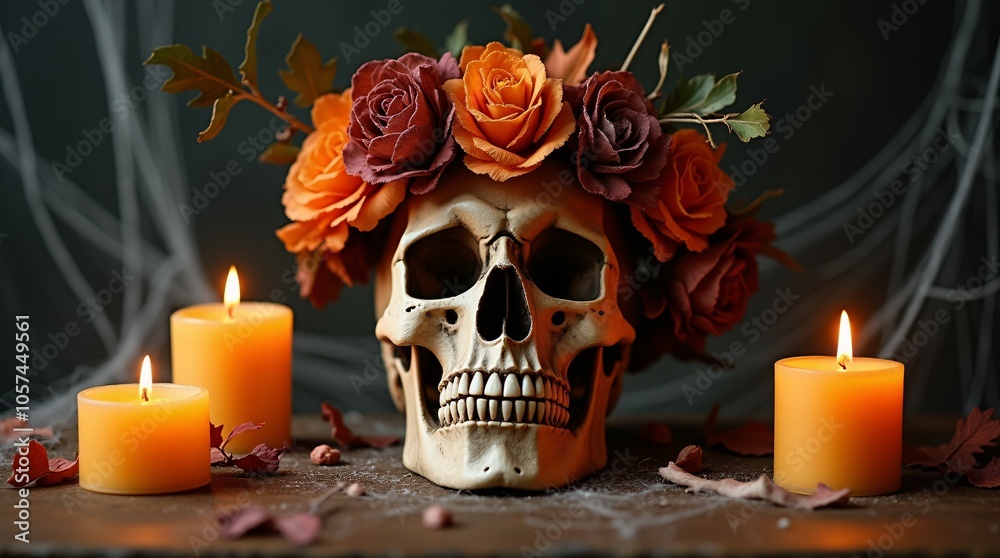 Skull Adorned with Flower Crown Surrounded by Dried Leaves, Candles, and Spider Webs for Halloween and Día de los Muertos. Skull Adorned with Flower Crown Surrounded by Dried Leaves, Candles, and Spider Webs for Halloween and Día de los Muertos.
