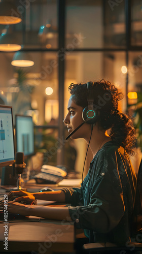 Frau im Callcenter bei der Arbeit, konzentriert vor dem Bildschirm photo