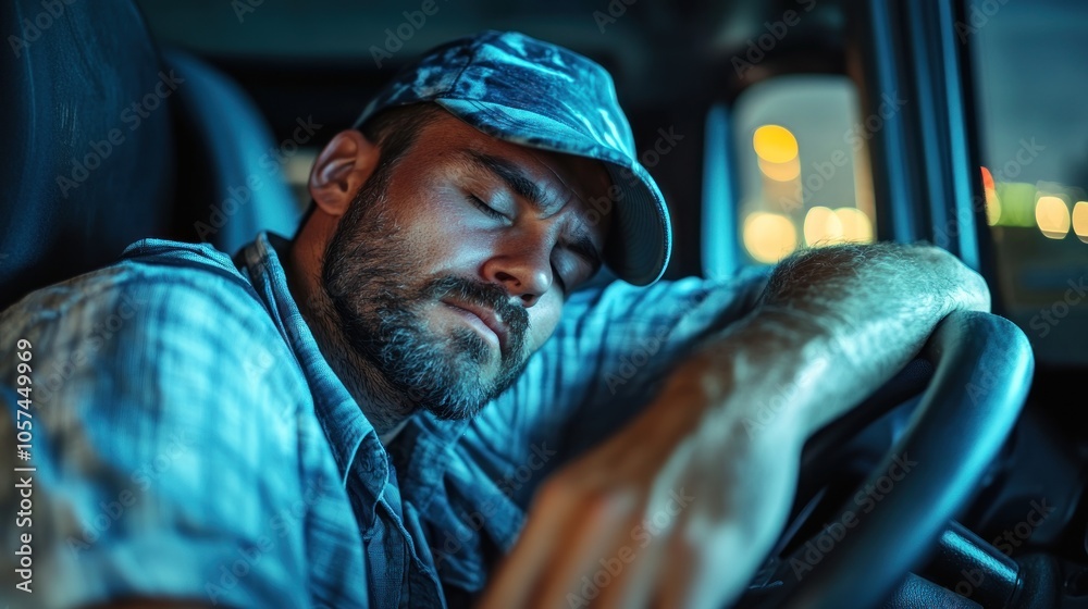 Exhausted Truck Driver Sleeping at the Wheel Exhausted Truck Driver Sleeping at the Wheel