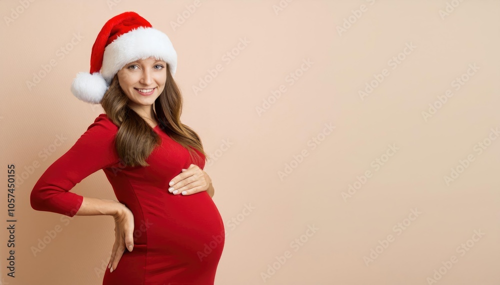 Beautiful pregnant woman in in Santa Claus hat and red dress on a pastel background Beautiful pregnant woman in in Santa Claus hat and red dress on a pastel background