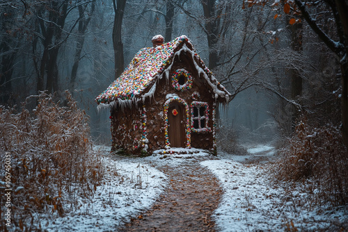 Whimsical gingerbread house stands amidst snowy trees in a magical forest