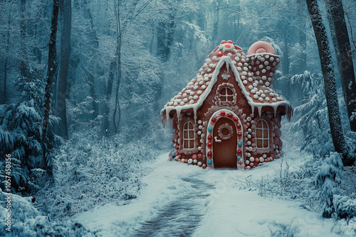 Whimsical gingerbread house stands amidst snowy trees in a magical forest