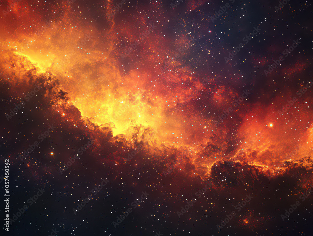 Stunning cosmic nebula with bright fiery hues and countless stars in the vastness of space. Stunning cosmic nebula with bright fiery hues and countless stars in the vastness of space.