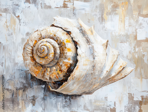 Oil painting of a textured spiral seashell against an abstract background.