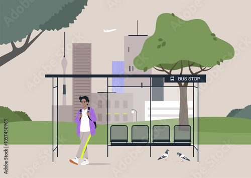 A young individual stands at a bus stop, engrossed in their thoughts, as pigeons gather nearby, The bustling city skyline and lush greenery set the perfect urban atmosphere