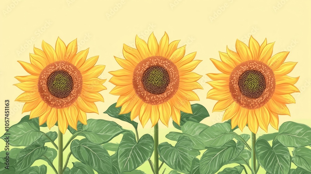 Obraz premium Four vibrant sunflowers against a green and light pink background create a lively scene. This sunflower composition provides ample copy space for text or branding.
