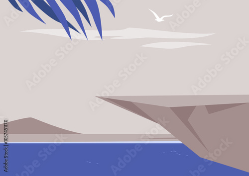 A breathtaking cliff stands majestically above tranquil waters, framed by soft clouds and distant hills, evoking a sense of peace and harmony in nature’s embrace